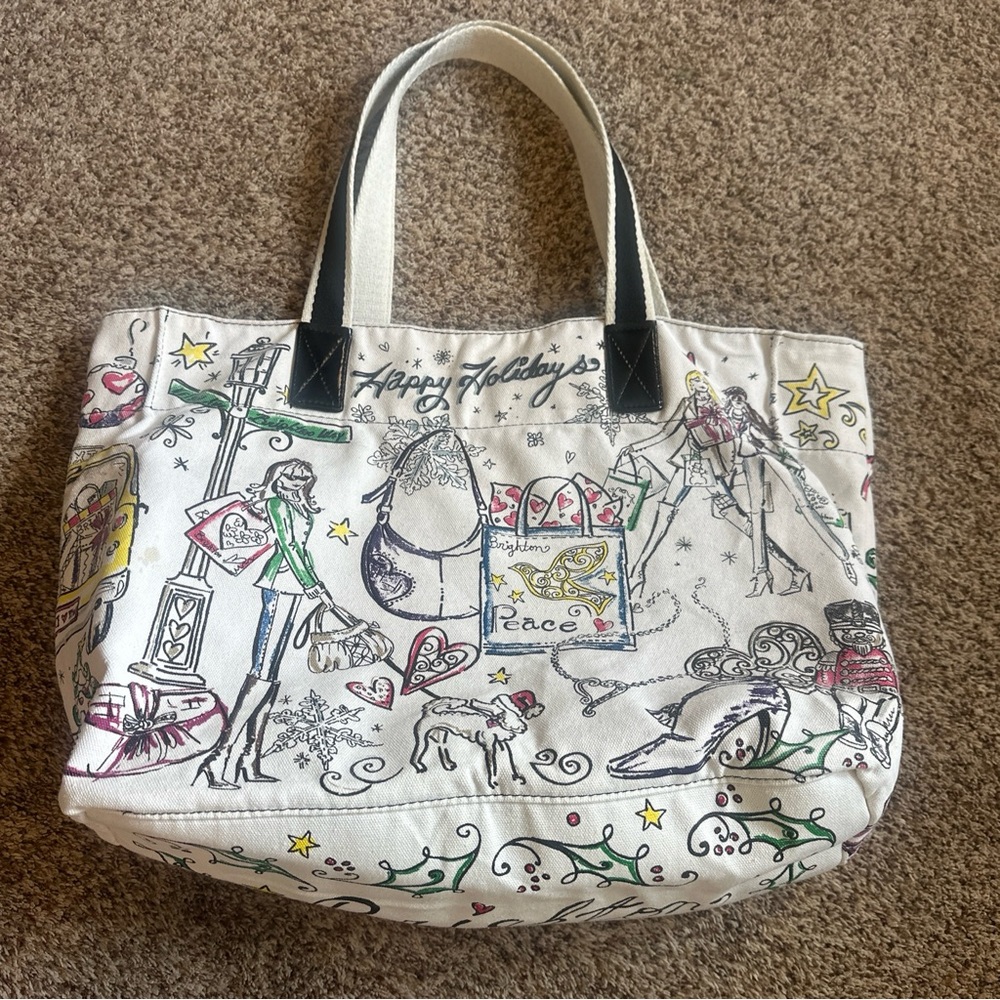 Brighton Happy Holidays Canvas Tote Bag with pouch neutral tan/black